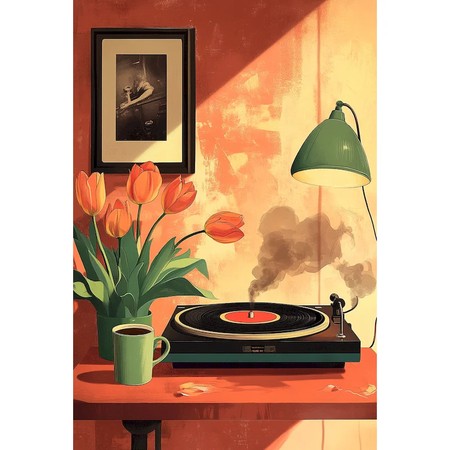 Tourne-disque rétro et tulipes orange