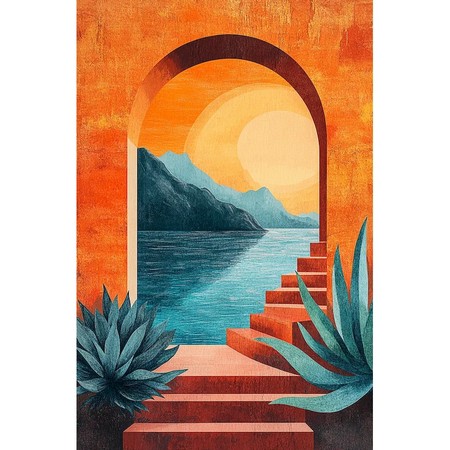 Arche orange vue sur mer et montagne au coucher du soleil