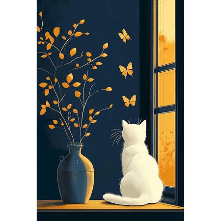 Chat blanc à la fenêtre devant le soleil couchant