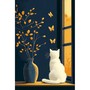 Chat blanc à la fenêtre devant le soleil couchant
