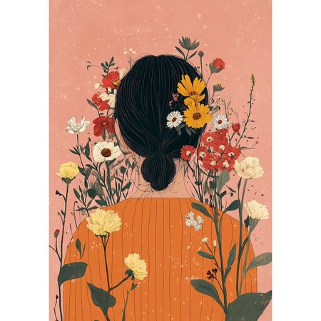 Femme de dos au pull orange et fleurs dans les cheveux