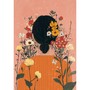 Femme de dos au pull orange et fleurs dans les cheveux