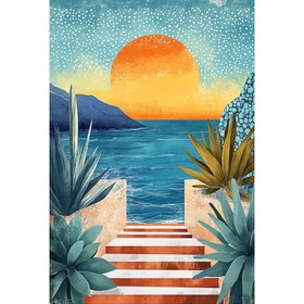 Escalier de marbre devant la mer au soleil couchant
