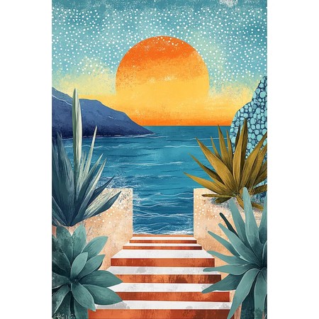 Escalier de marbre devant la mer au soleil couchant