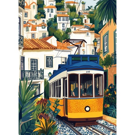 Gelbe Lissabon Straßenbahn Diamond Painting glänzende Strasssteine fertige Leinwand