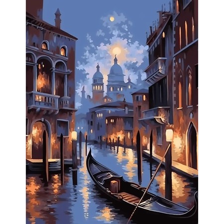 Gondole devant la basilique de Venise sous la lune