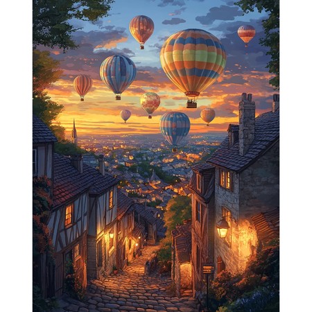 Montgolfières survolant un village médiéval au coucher du soleil