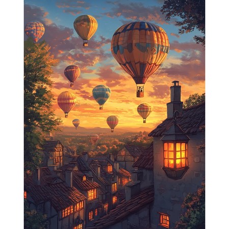 Vol de montgolfières au-dessus des toits d'un vieux village