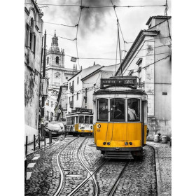 Tramways Jaunes de Lisbonne sur Pavés Noirs et Blancs Diamond Painting