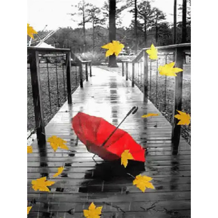 Parapluie Rouge sous la Pluie Automnale Diamond Painting