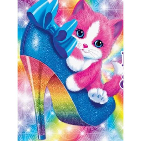 Chaton Rose et Blanc aux Yeux Bleus dans une Chaussure Arc-en-Ciel Diamond Painting