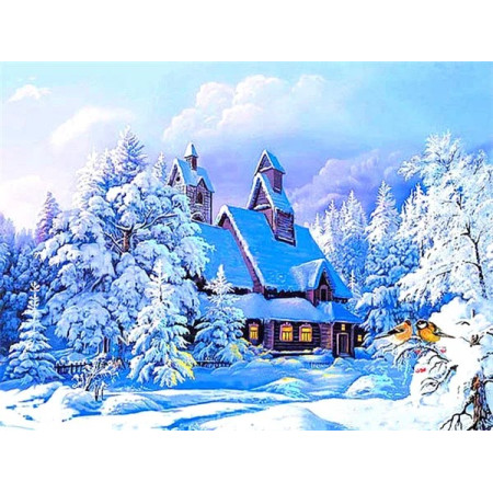 Chalet Enneigé aux Oiseaux d'Hiver Diamond Painting