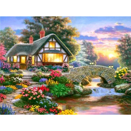 Cottage Fleuri au Couché de Soleil Diamond Painting