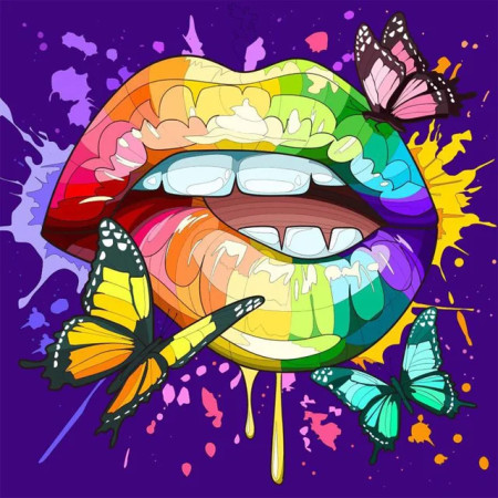 Lèvres Arc-en-Ciel et Papillons Psychédéliques Diamond Painting