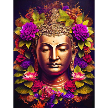 Bouddha Fleuri : Sérénité Dorée et Éclat Floral Diamond Painting