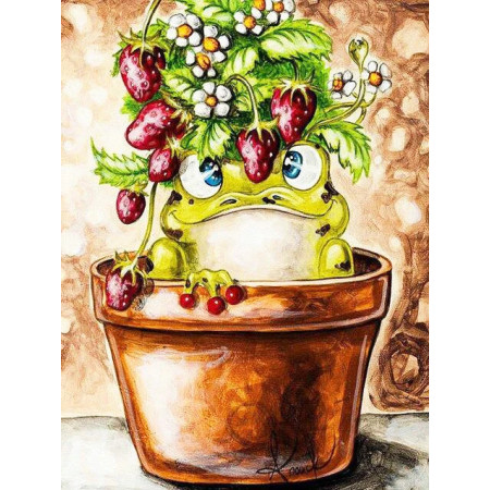 Grenouille Espiègle au Pot de Fraises Diamond Painting