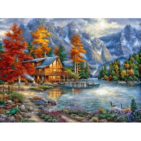 Cabane d'Automne au Bord du Lac Diamond Painting