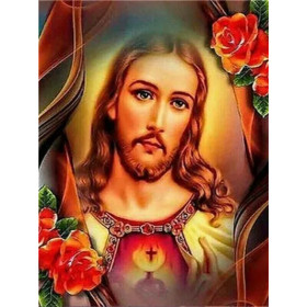Jésus au Sacré-Cœur, encadré de roses Diamond Painting