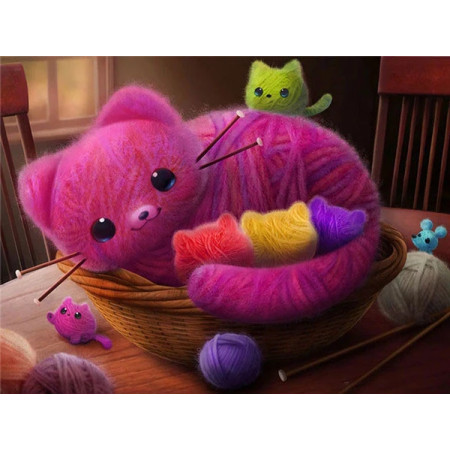 Pelote Féline : Chat Rose au Panier de Laine Diamond Painting