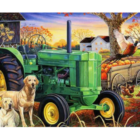 Tracteur d'Automne aux Golden Retrievers Diamond Painting