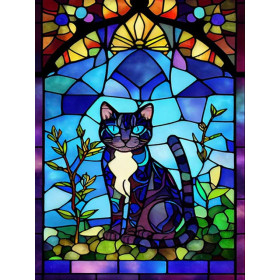 Chat Vitrail aux Yeux de Saphir Diamond Painting