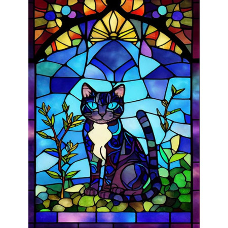 Chat Vitrail aux Yeux de Saphir Diamond Painting
