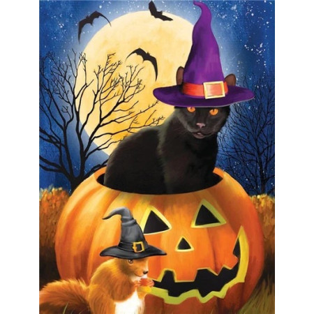 Chat Sorcier dans la Citrouille d'Halloween Diamond Painting