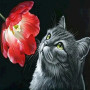 Chat Gris et Tulipe Éclatante Diamond Painting