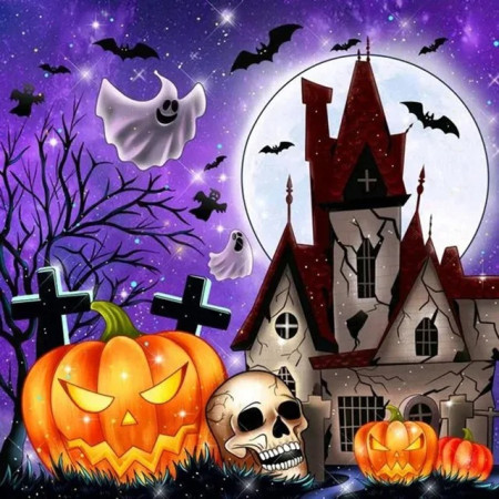 Nuit d'Halloween Hantée sous la Pleine Lune Diamond Painting
