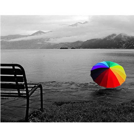 Parapluie Arc-en-Ciel sur Rivage Monochrome Diamond Painting