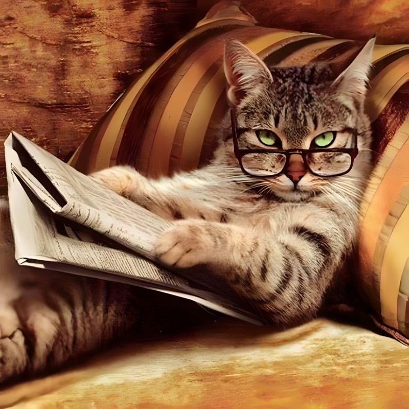Chat tigré avec lunettes vertes lisant journal en diamond painting strass brillants