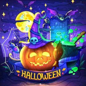 Sorcière Citrouille sous la Lune d'Halloween Diamond Painting