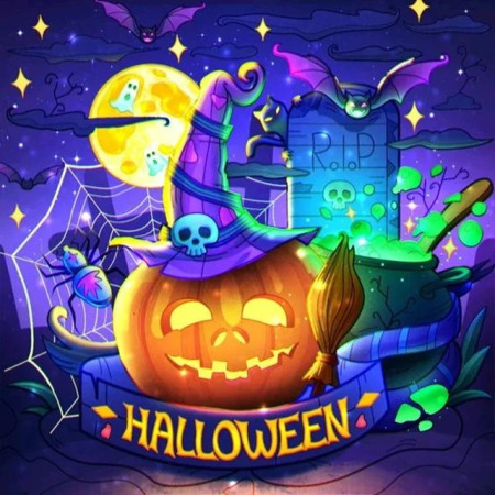Sorcière Citrouille sous la Lune d'Halloween Diamond Painting