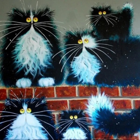 Cinq Chats Ébouriffés sur le Mur de Briques Diamond Painting