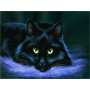 Chat Noir aux Yeux de Jade sur un Lit Violet Diamond Painting