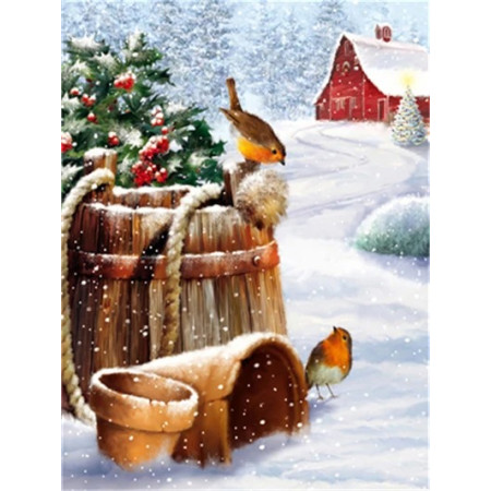Rouge-gorges sous la Neige Hivernale Diamond Painting