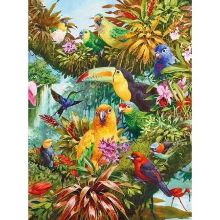 Paradis Tropical : Oiseaux Exotiques et Cascade Diamond Painting