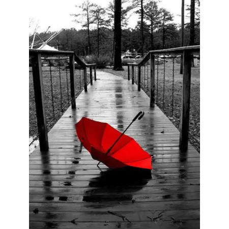 Parapluie Rouge sur Ponton Pluvieux Diamond Painting