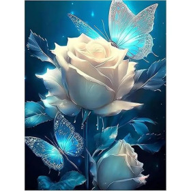 Danse des Papillons Turquoise autour de la Rose Blanche Diamond Painting