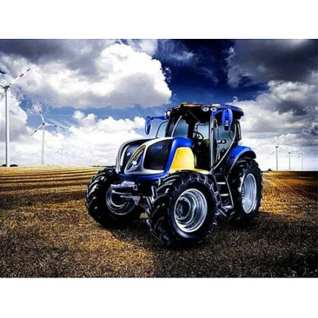 Tracteur Bleu et Jaune sous un Ciel Tourmenté Diamond Painting