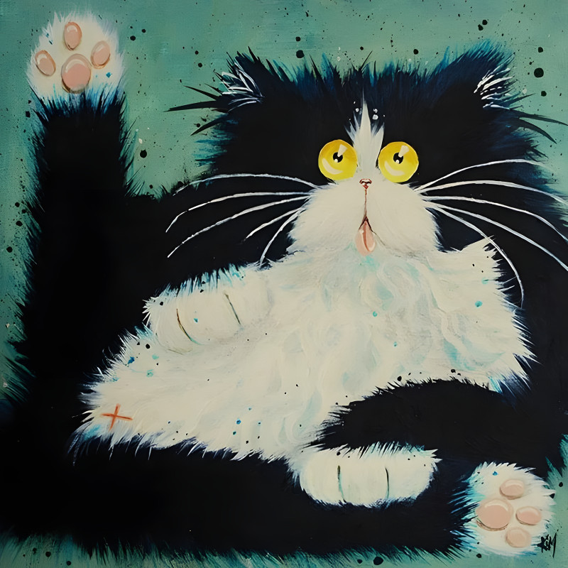 Chat noir et blanc surpris aux coussinets roses en diamond painting strass brillants
