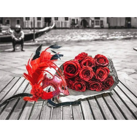 Masque Vénitien et Roses Rouges sur Fond de Venise Diamond Painting