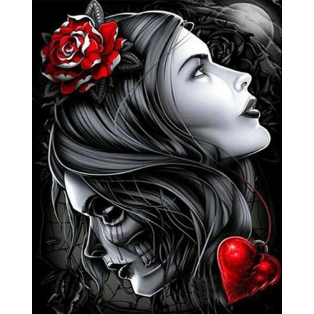 Dualité Féminine : Rose et Crâne Diamond Painting