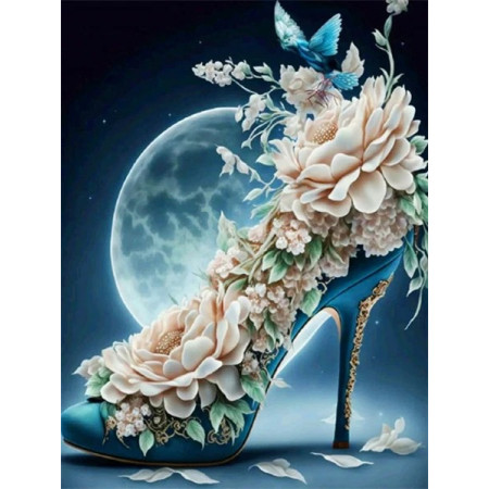 Escarpin Fleuri sous la Lune d'Argent Diamond Painting