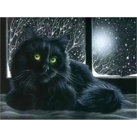 Chat Noir aux Yeux de Jade sous la Neige Diamond Painting