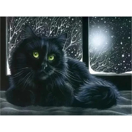 Chat Noir aux Yeux de Jade sous la Neige Diamond Painting