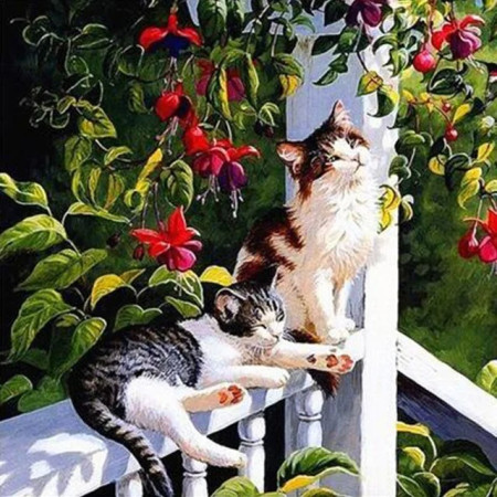 Chats Fleuris sur la Balustrade Diamond Painting