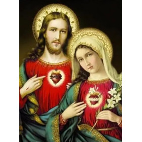 Cœurs Sacrés et Lys Blancs : Icône Sacrée de Jésus et Marie Diamond Painting