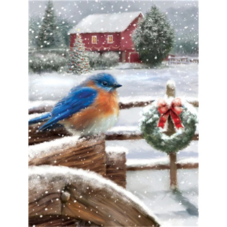 Oiseau Bleu et Grange de Noël Diamond Painting