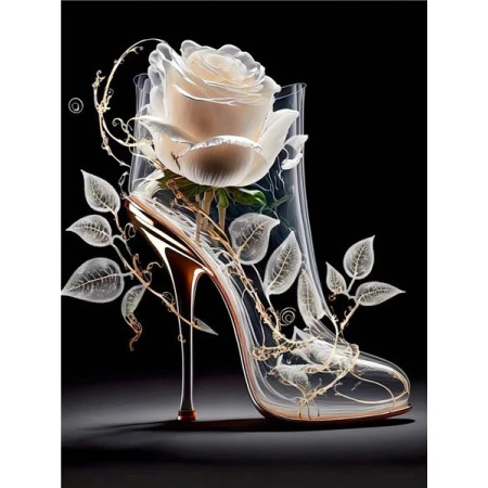 Chaussure de Verre à la Rose Blanche Diamond Painting